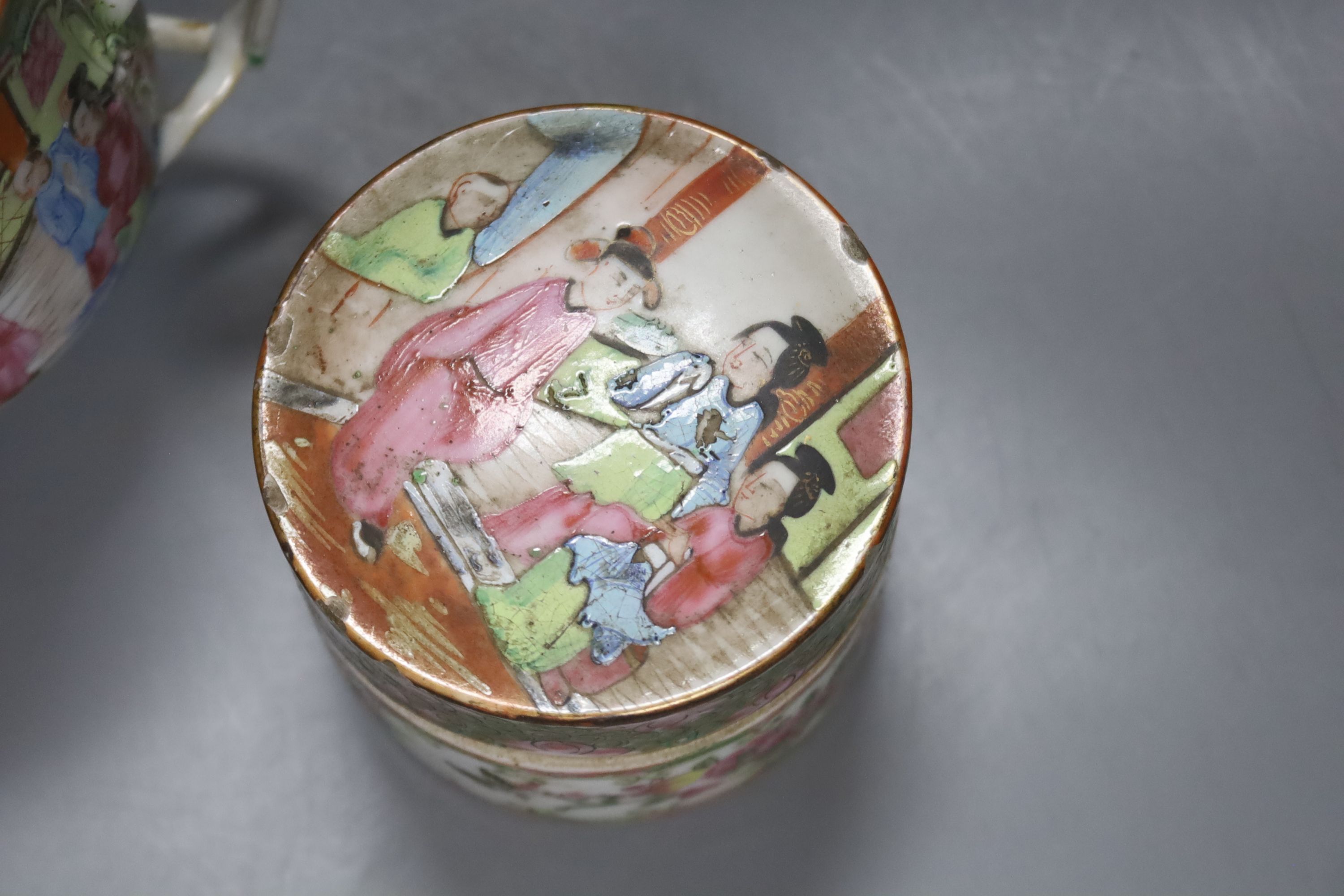 A Chinese famille rose soap dish strainer and cover, a two handled cup and a box and cover, 19th century, tallest 10cm